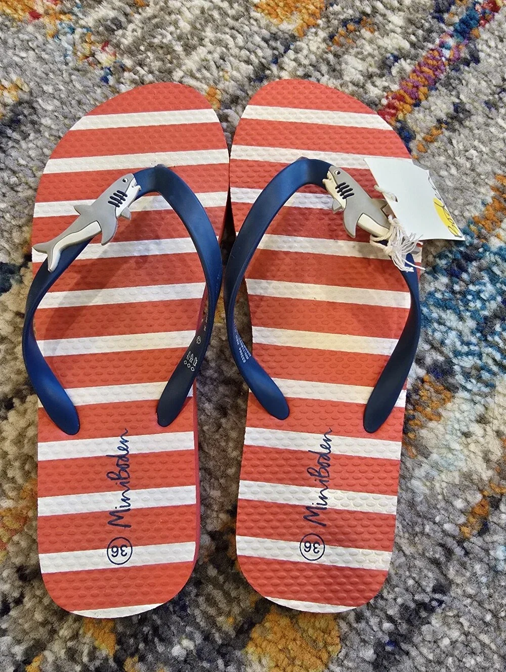 Brand New Mini Boden Striped Coral & White Flip Flops with Shark Accents